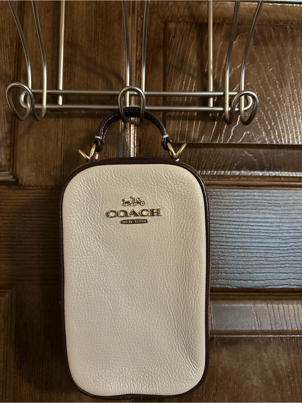 Coach Cream Pebbled Leather Crossbody Pouch with Dark Brown Trim, Gold Hardware